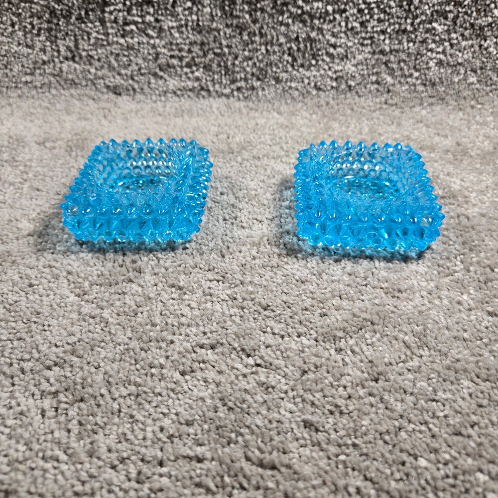 Vintage Hobnail Glass Candle Holder Set Turquoise Blue Square Votive Pair